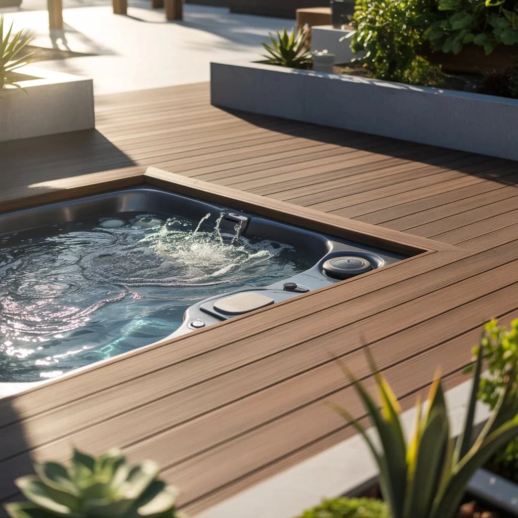 Composite decking boards around a hot tub or spa