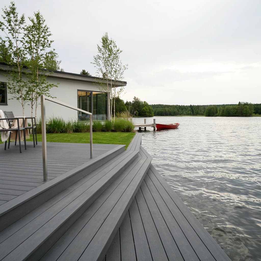 composite decking by a lake