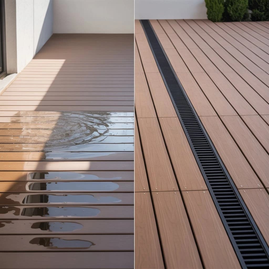 Gradient and water drainage on a composite decking terrace