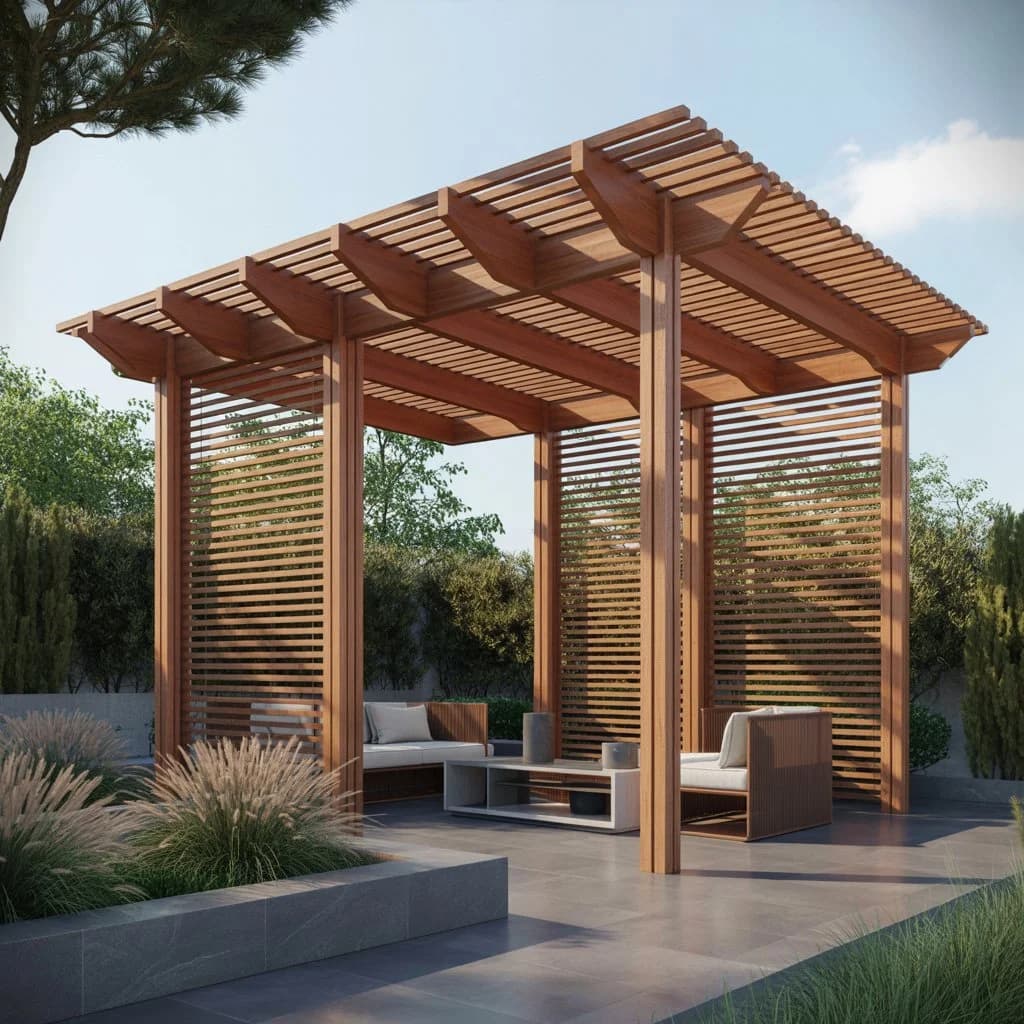 slat screens with a pergola and terrace roof