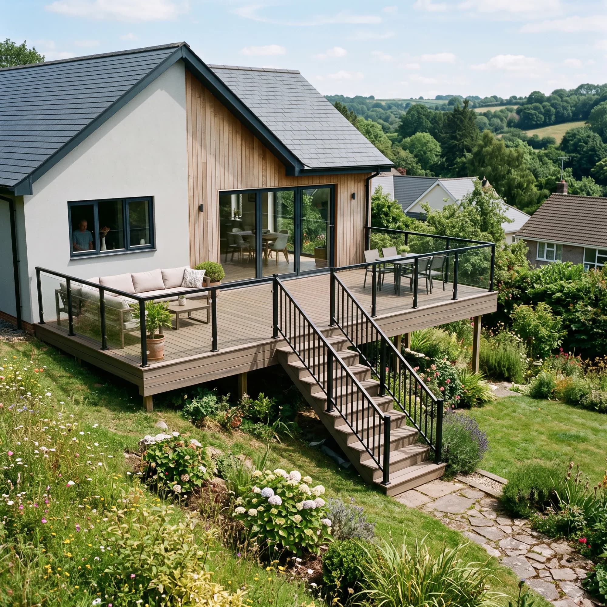 composite decking terrace on a slope with composite steps