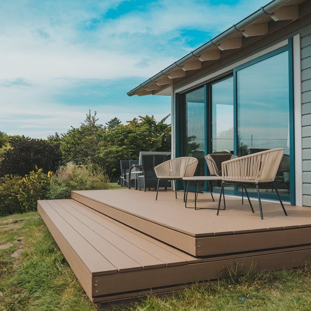 Two-level terrace made from brown composite decking boards, with garden furniture beside a house.