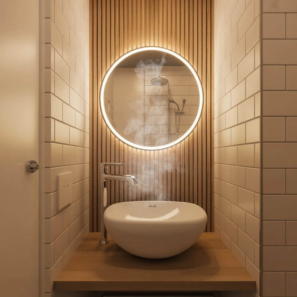 Slatted panels in a small bathroom