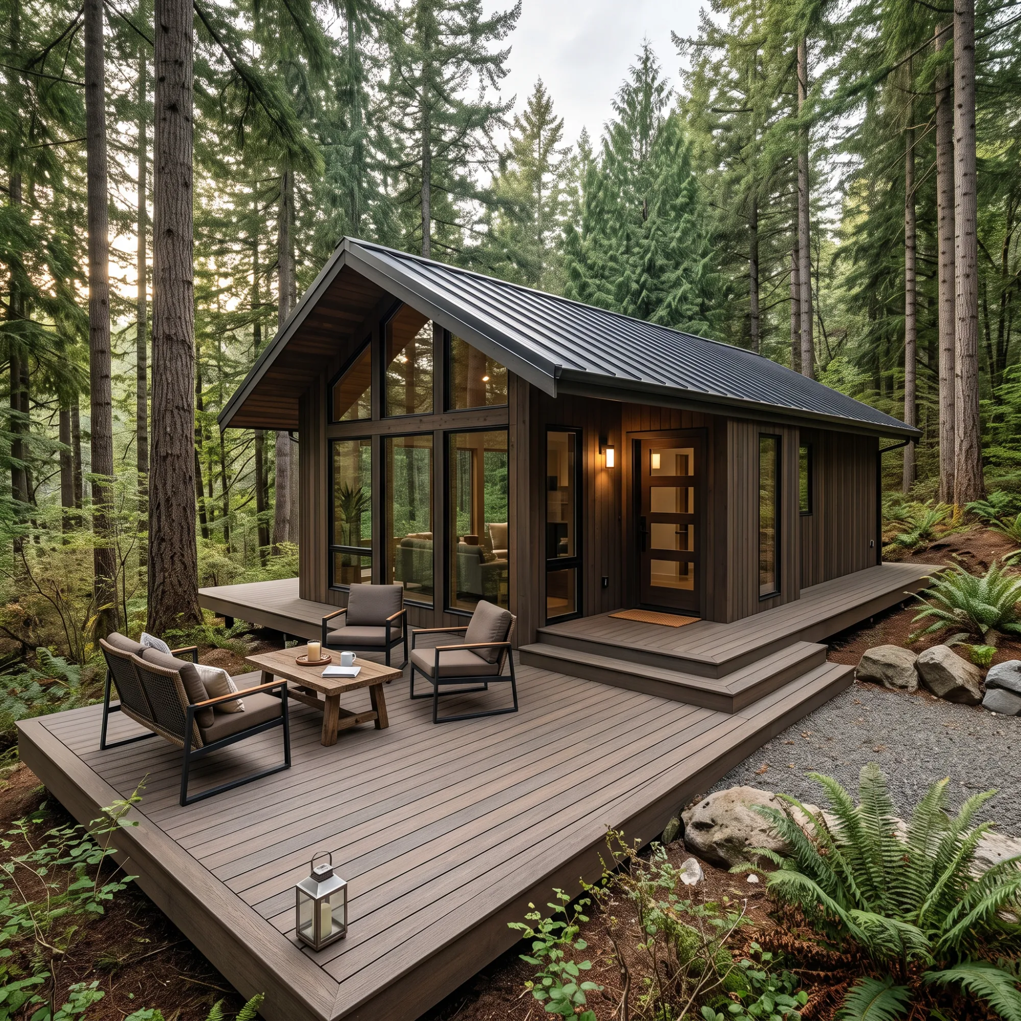 cabin in the forest with a composite decking terrace