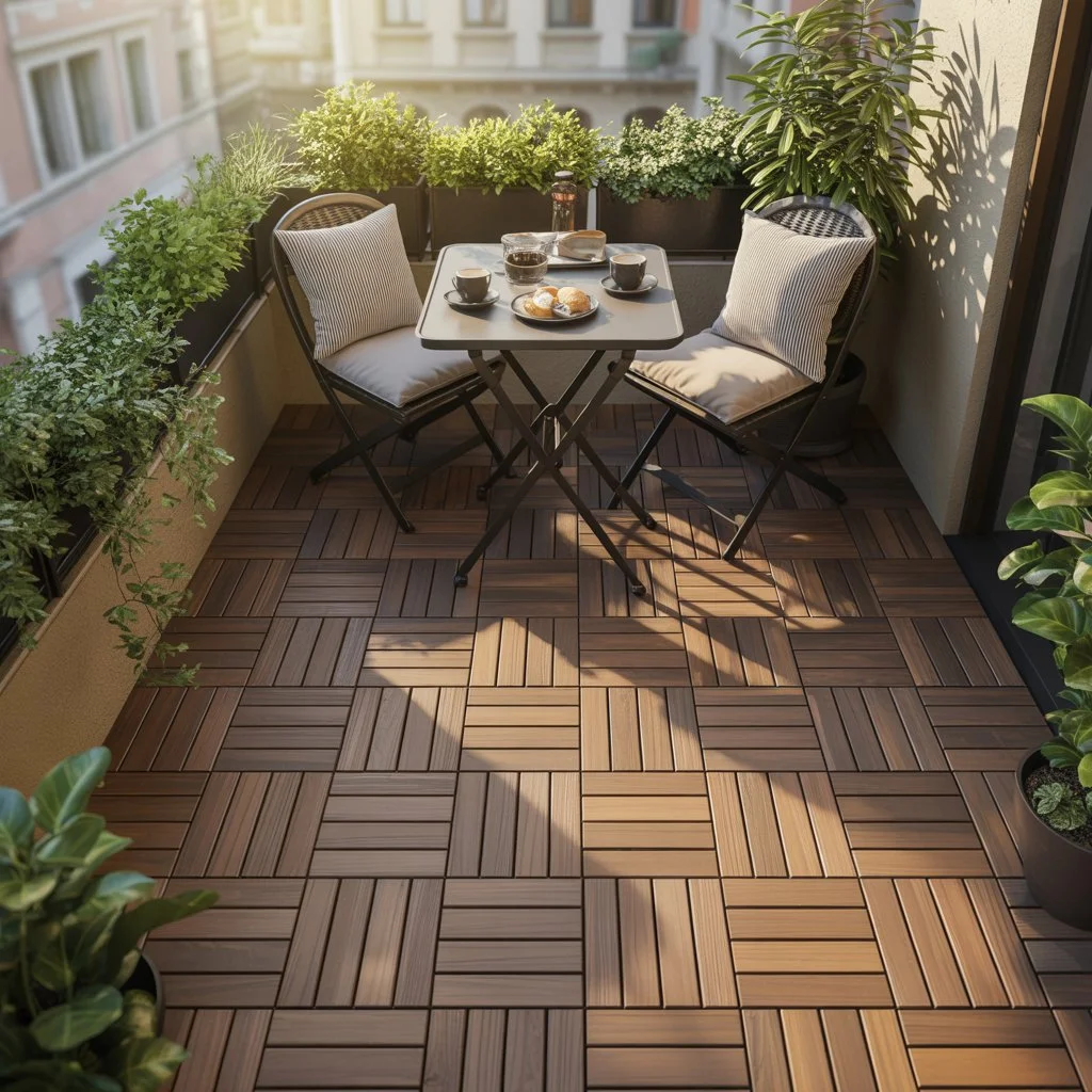 composite decking tiles on a small balcony