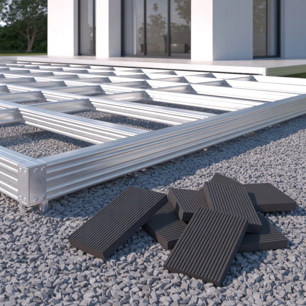 Pads under joists for a composite decking board terrace