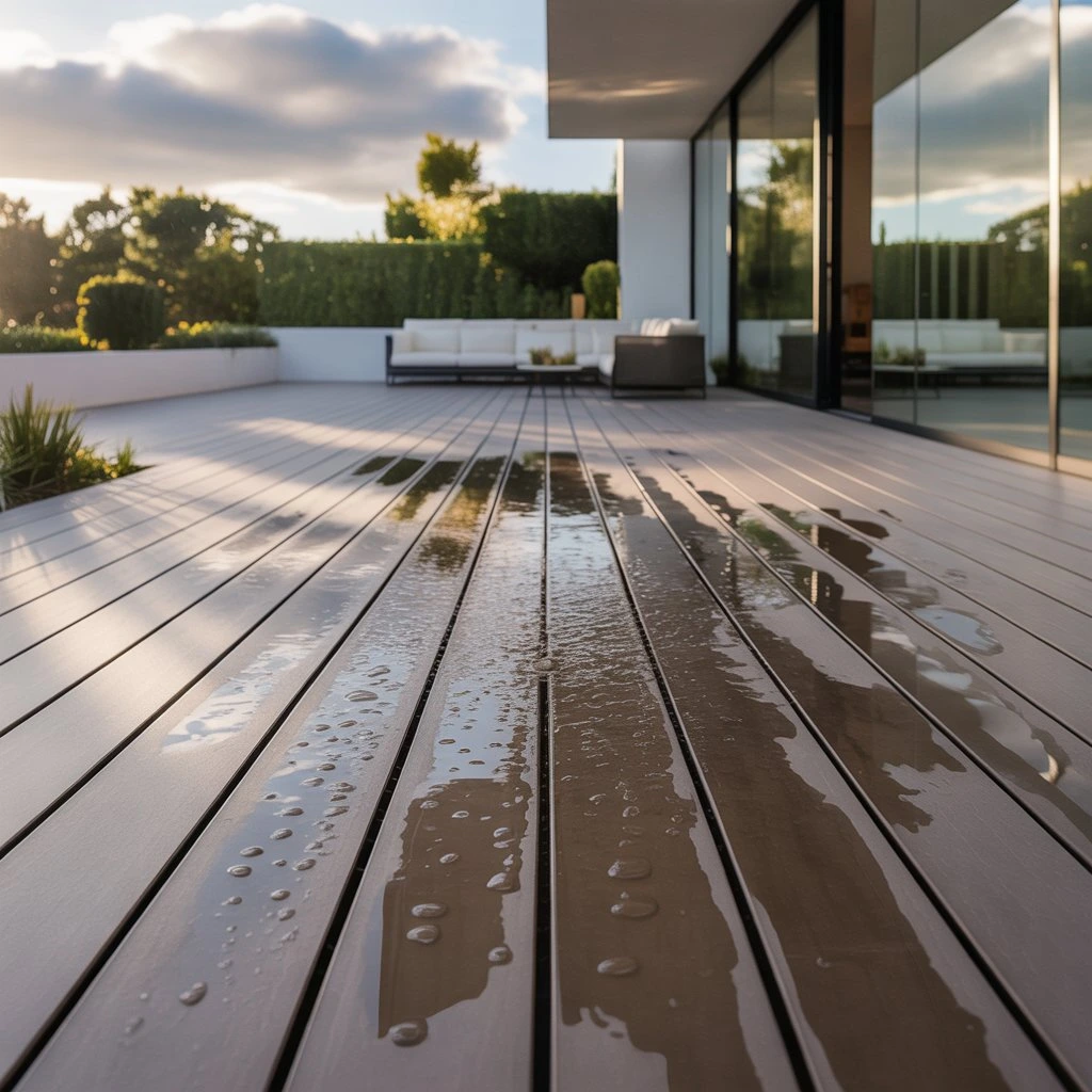 Gradient and water drainage on a composite decking terrace