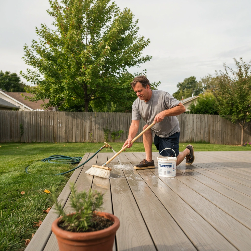 cleaning a composite deck with water and a brush