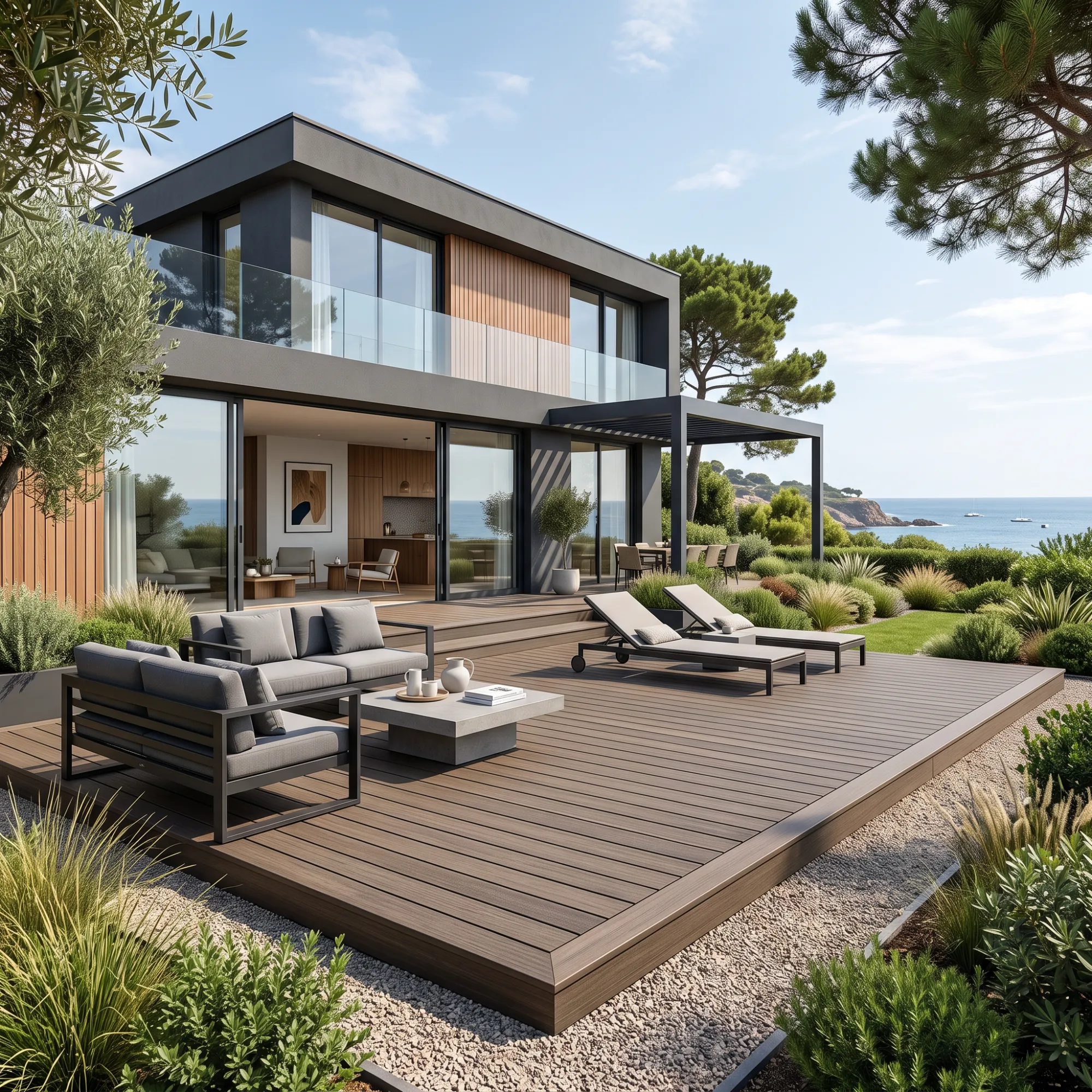 house with a terrace finished with premium-class composite decking boards, with perfectly fitted finishing trims and corner pieces