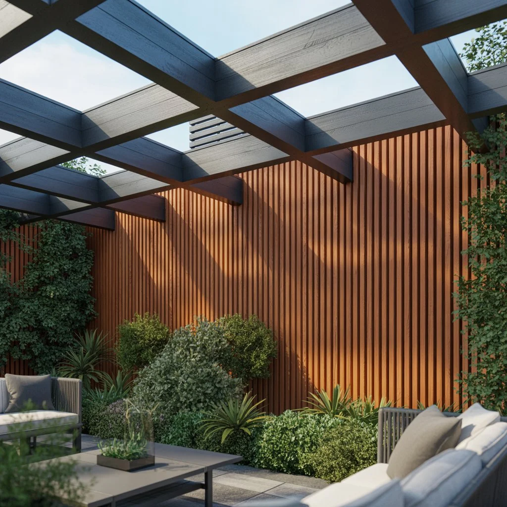 slat screens with a pergola and terrace roof