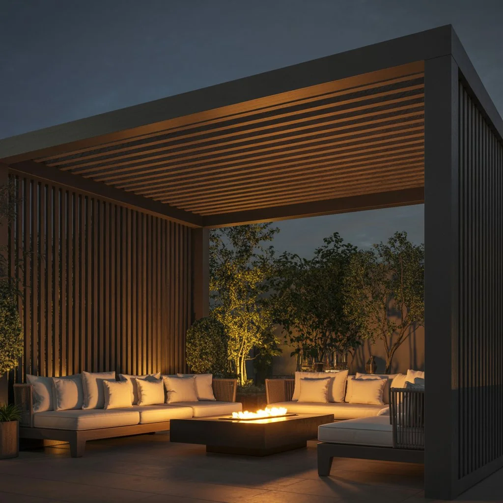slatted screens with a pergola and patio roof
