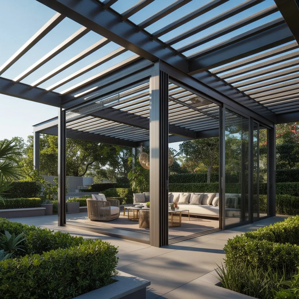 slatted screens with a pergola and patio roof