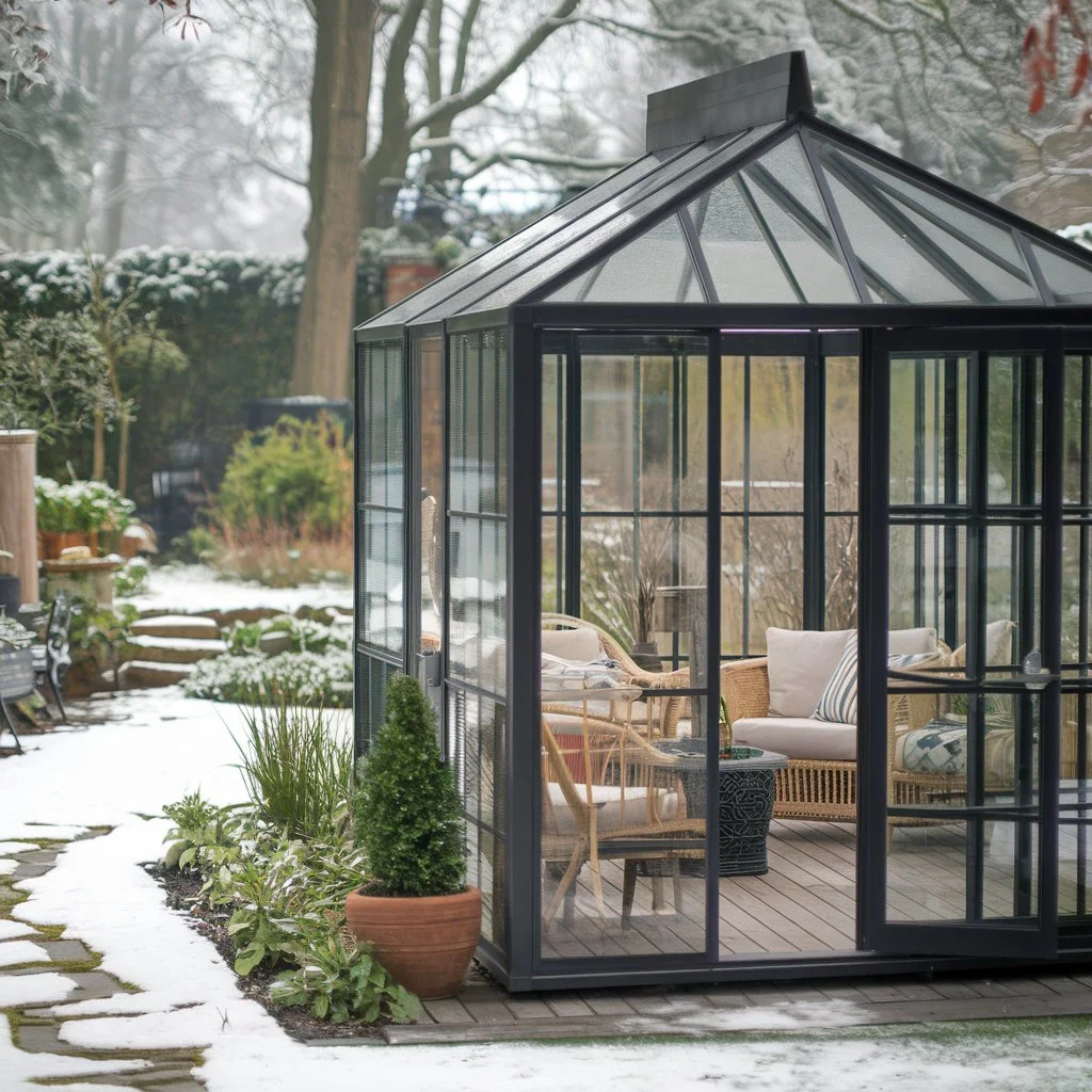 garden furniture in a winter garden