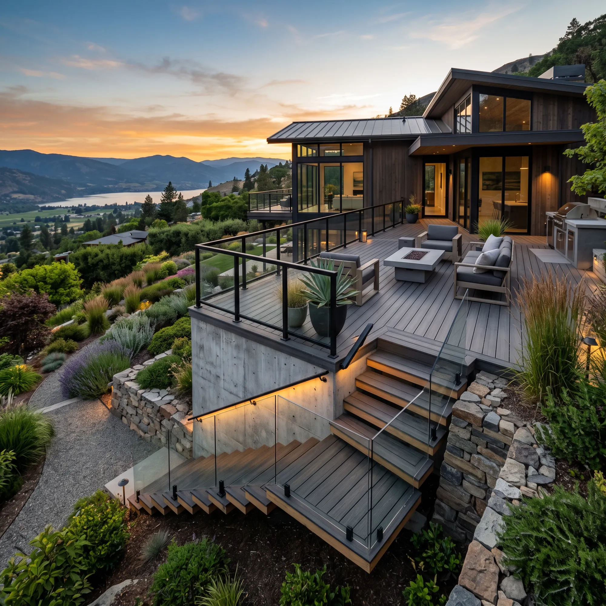 modern house with a terrace on a slope