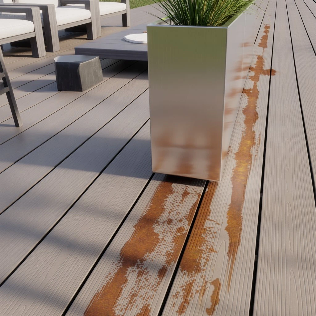 stains and streaks on a composite decking board caused by a planter
