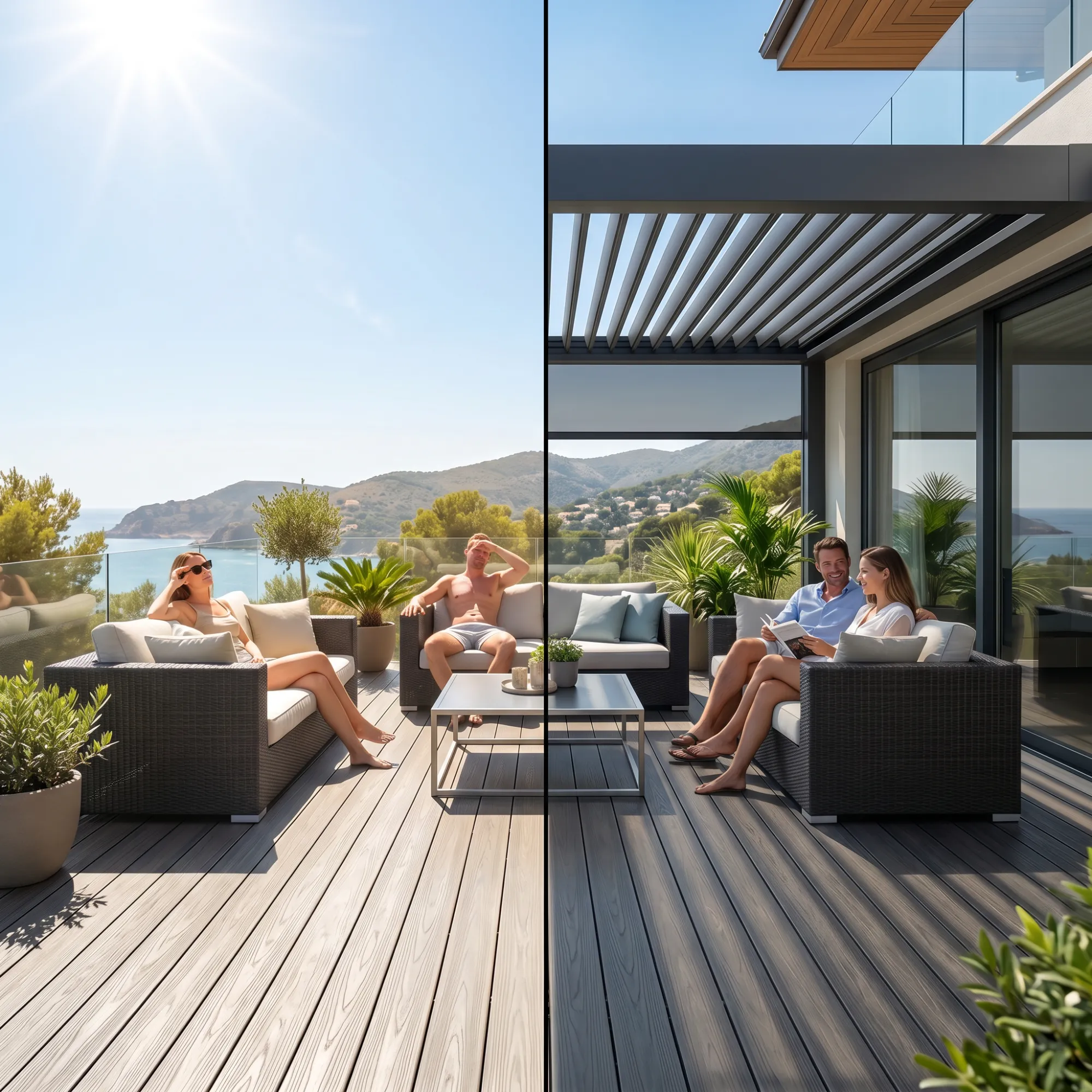 comparison of a terrace in the sun without a pergola and with a pergola