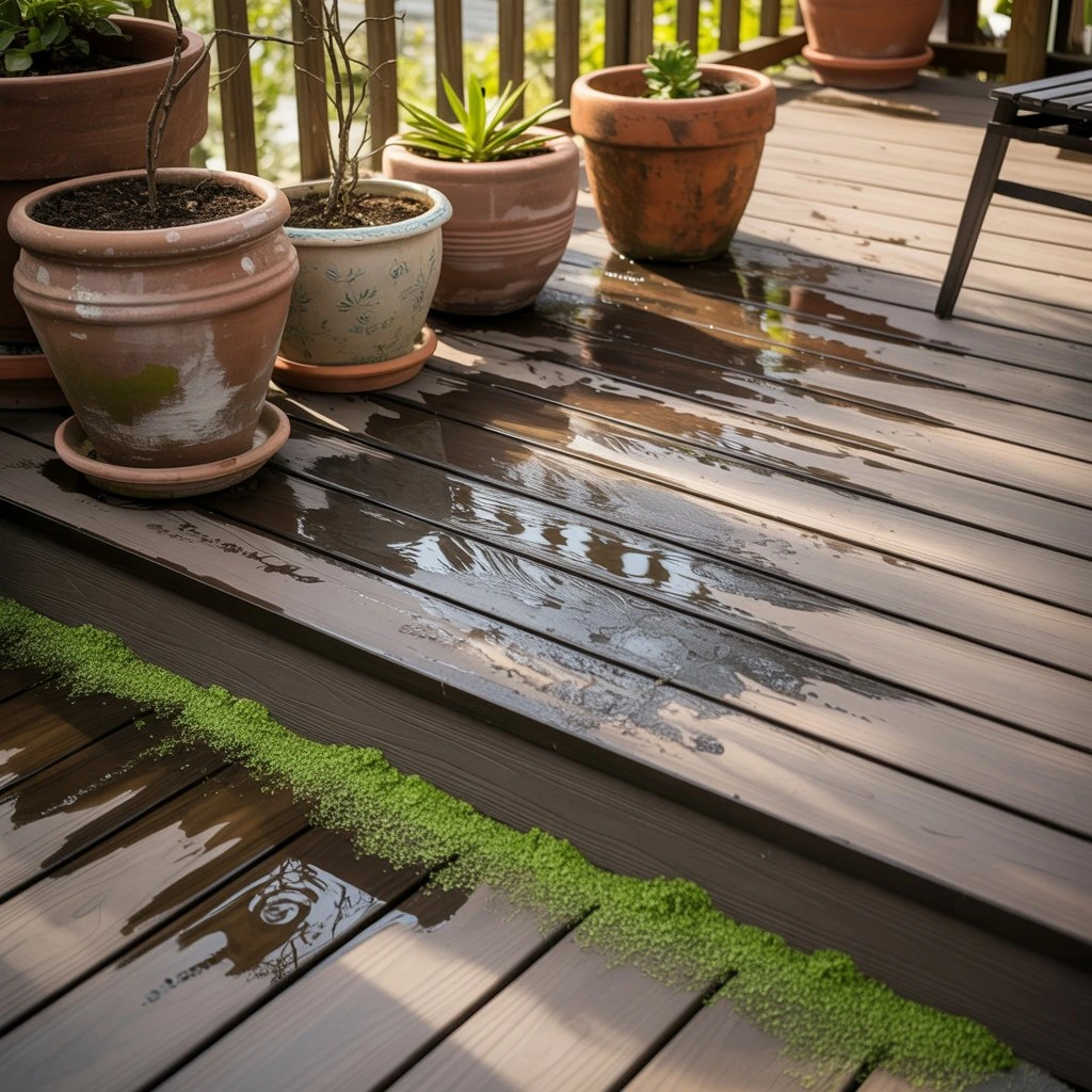 water running from pots across composite decking