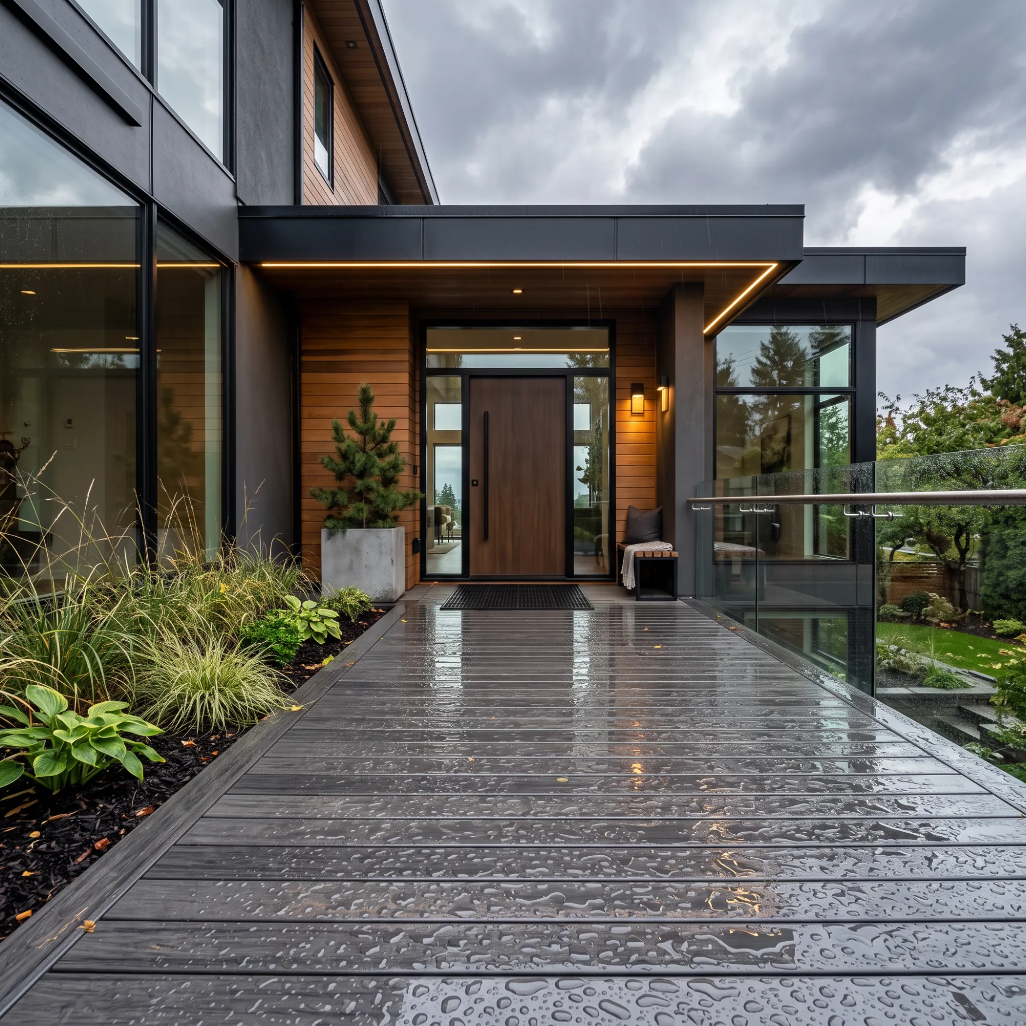 Entrance to a modern home with a composite deck after rain