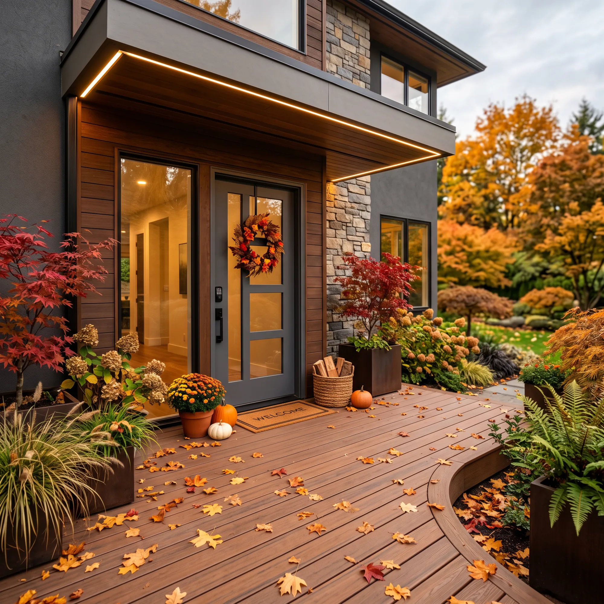 Home entrance with a composite deck in an autumn setting