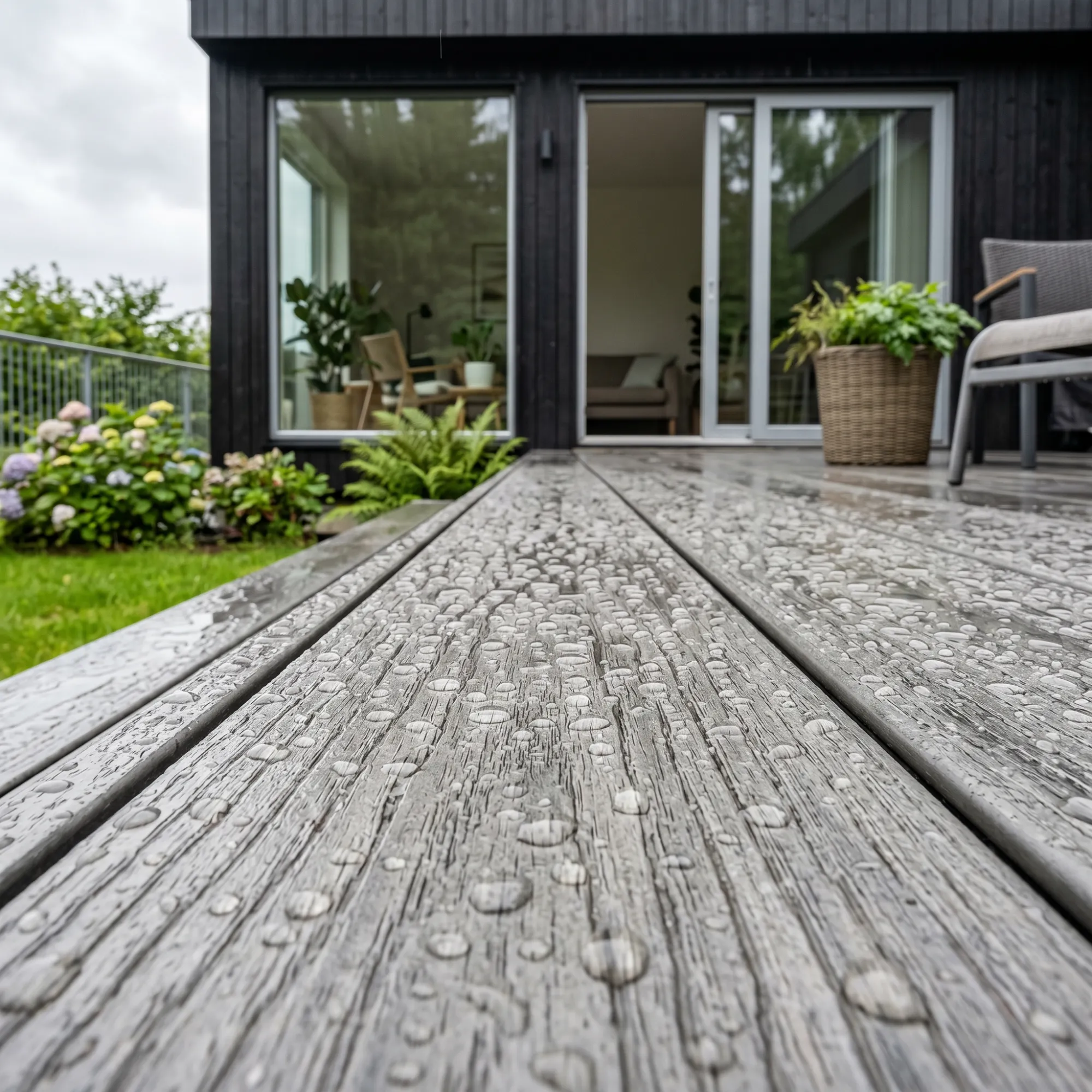close-up of a composite decking terrace beside a modern holiday home