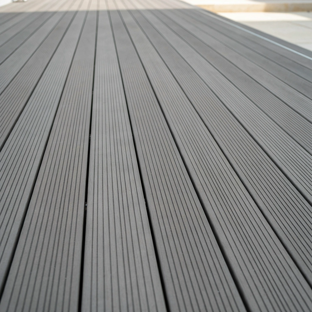 close-up of a grooved composite decking board