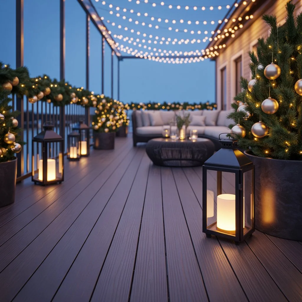 Christmas decorations on a composite decking terrace