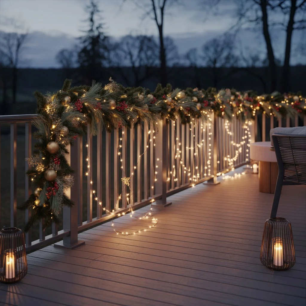 Christmas decorations on a composite terrace