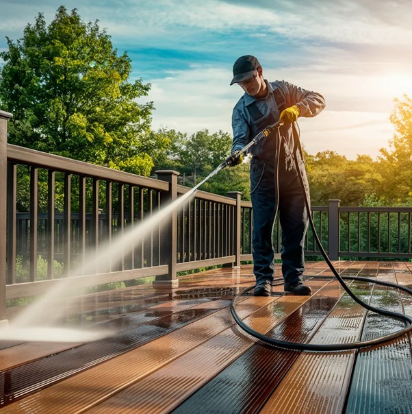 Cleaning a composite decking terrace