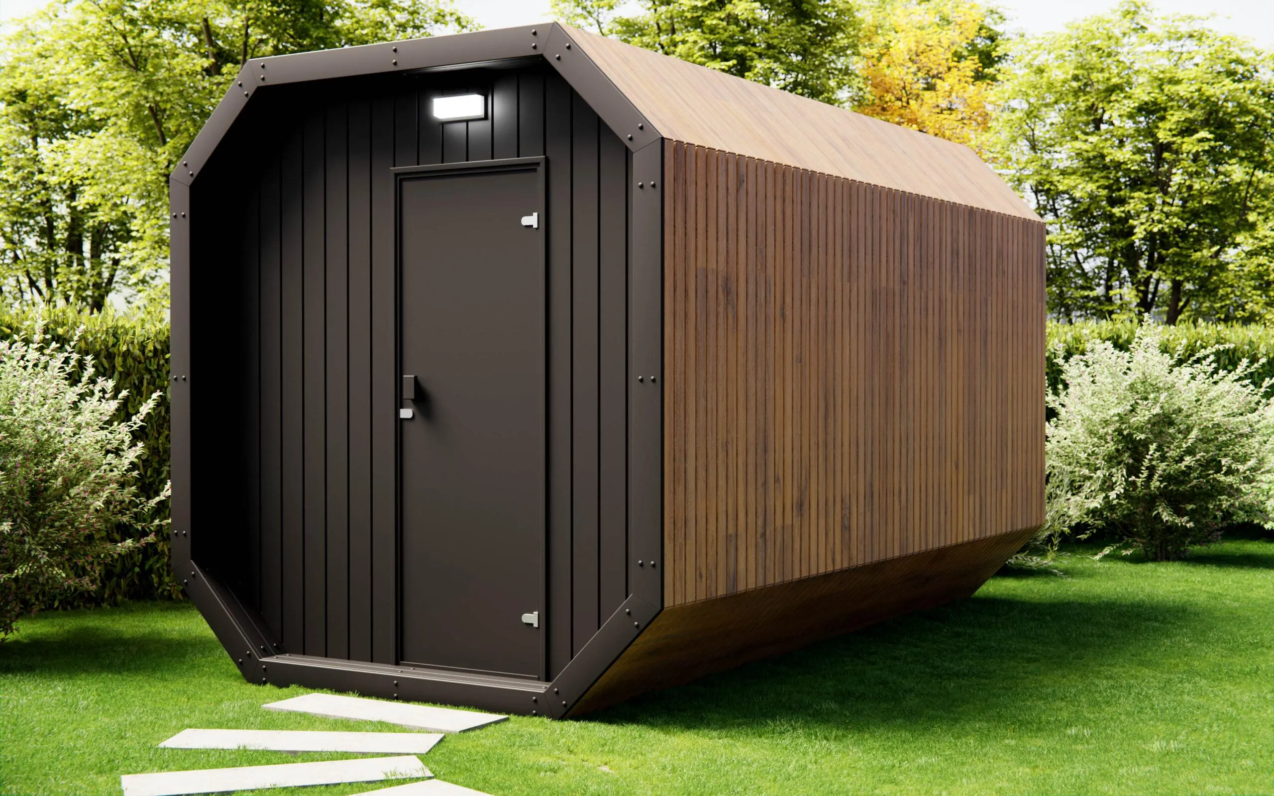 A modern garden office with a wooden slat façade and dark front, standing on a green lawn.