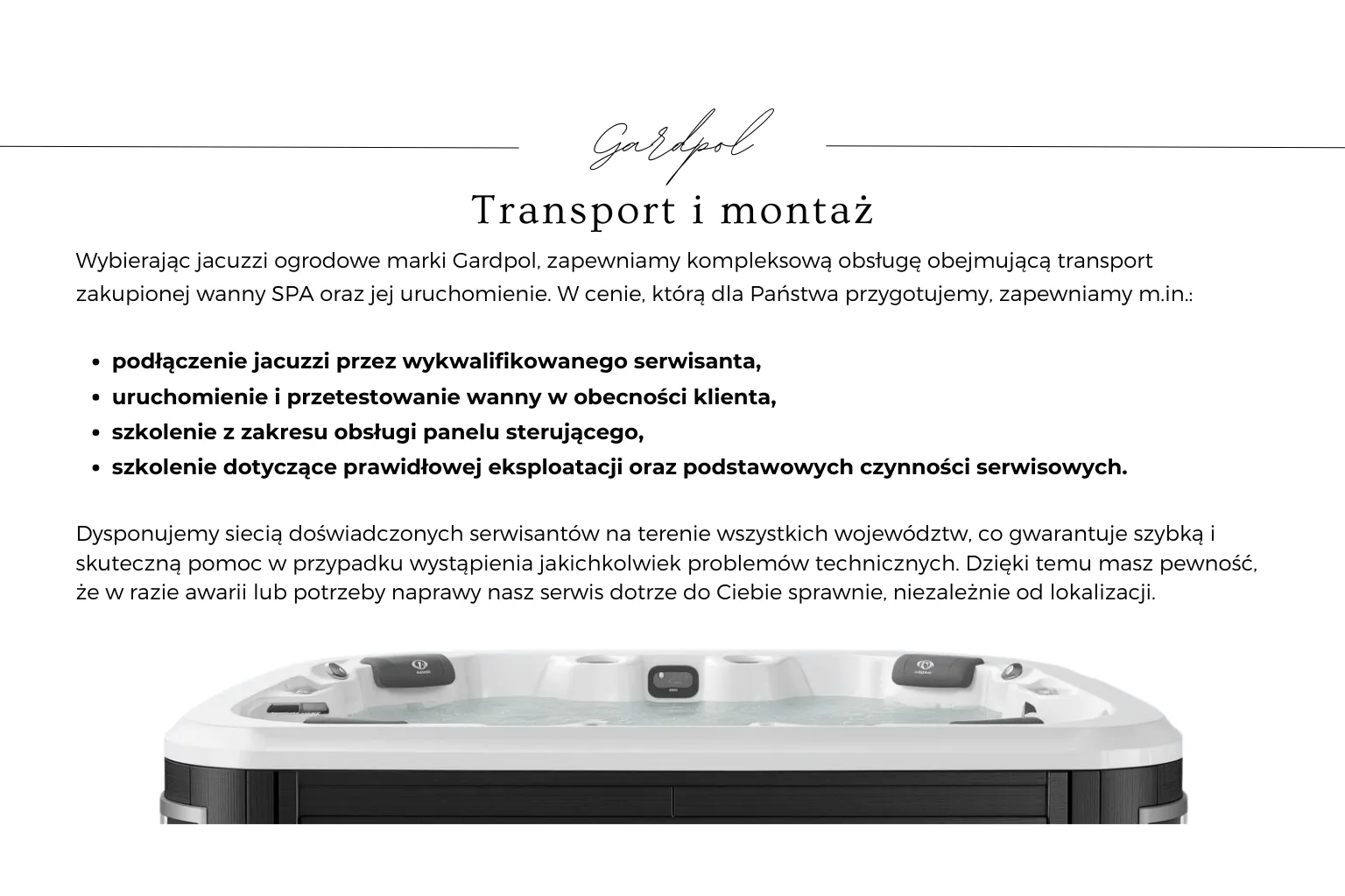 Information about Gardpol's garden jacuzzi transport and installation service, alongside an image of the spa bath.