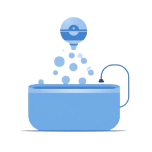 Ozonator releasing bubbles into a blue hot tub.