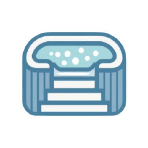 An icon of a blue garden jacuzzi with entry steps and bubbles in the water.