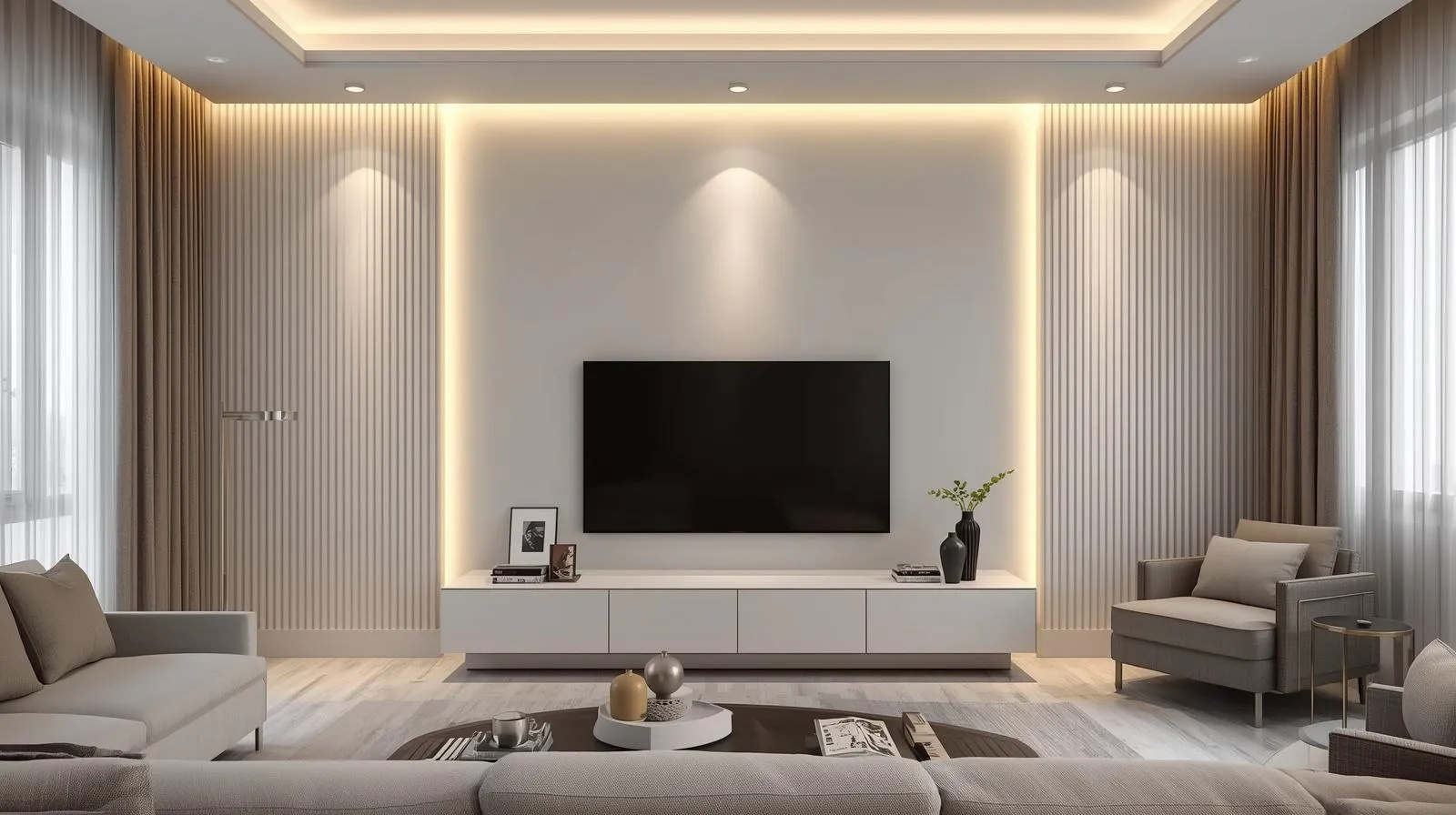Modern interior with wall slats and subtle LED lighting, a bright living room with designer furniture, an elegant home design