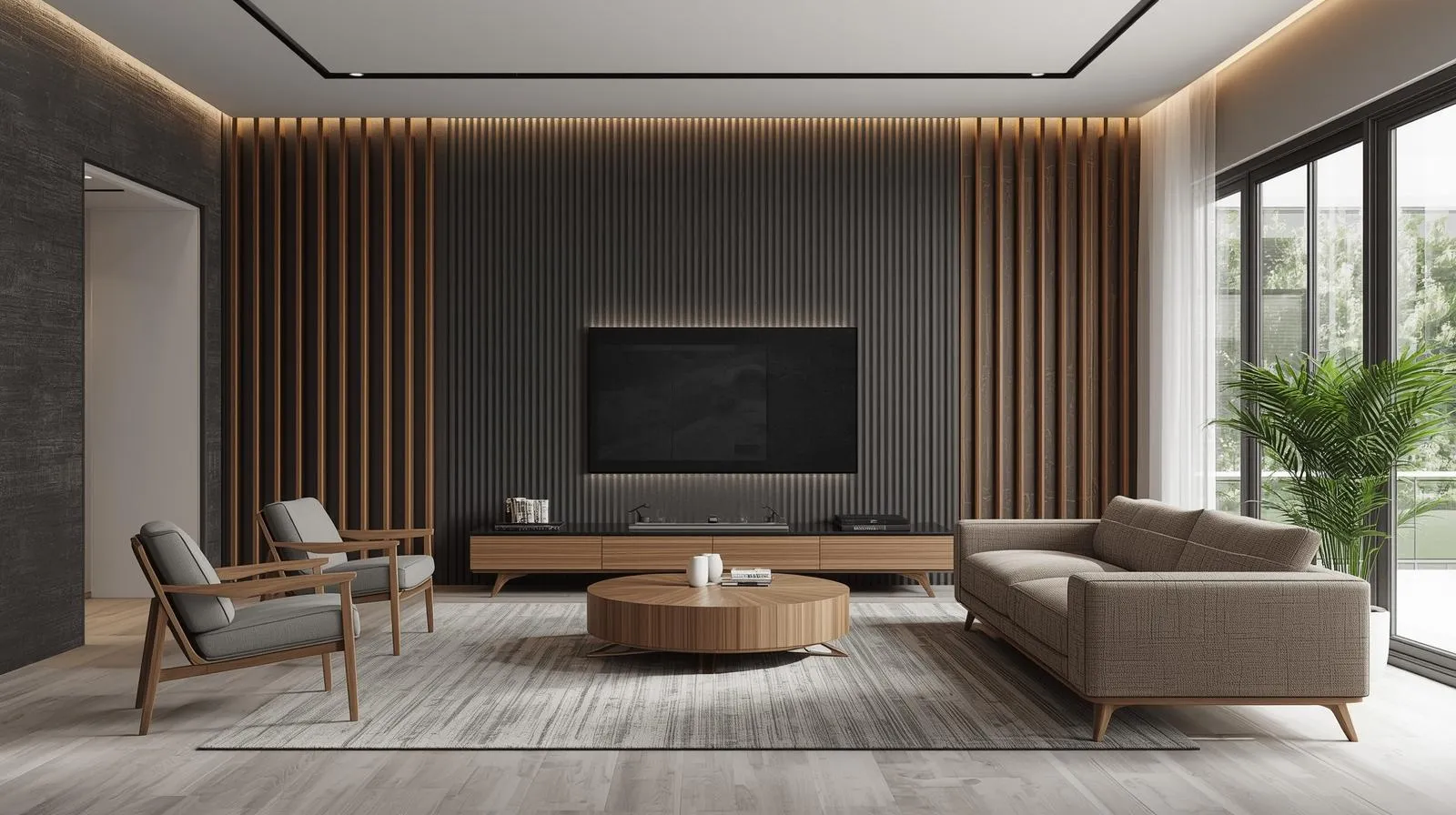 Living room with dark grey wall slats and wooden accents, a modern interior with a light-coloured floor and stylish furniture.