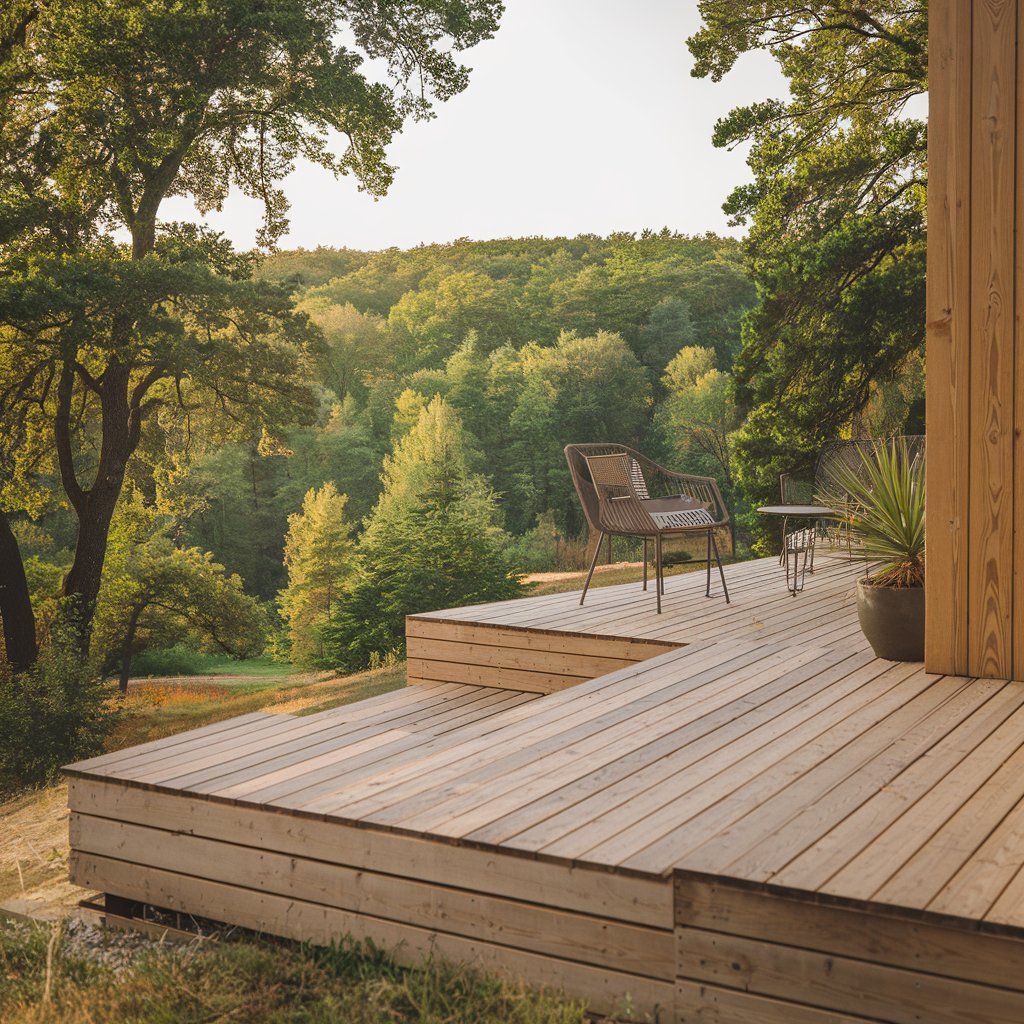 Multi-level deck finished with decking boards, featuring lounge furniture and a view of a dense forest.
