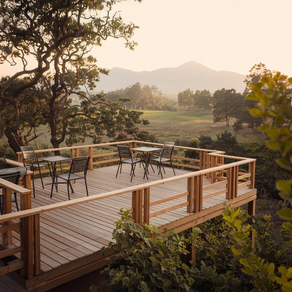 Raised deck with a railing and garden furniture, overlooking the mountains.