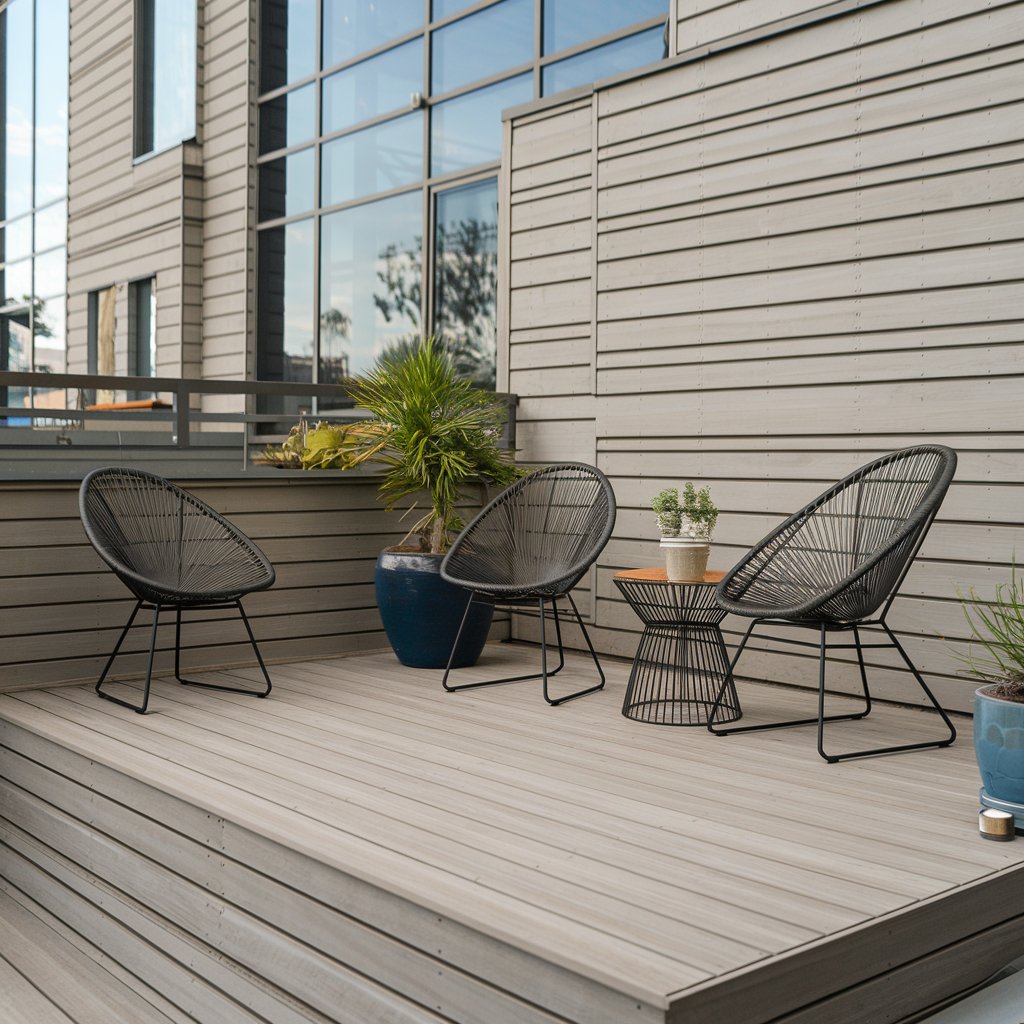 Terrace and façade made from grey composite decking boards, with black garden chairs and plants.