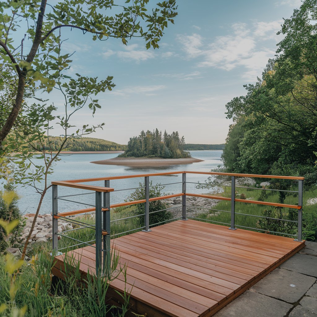 Wooden terrace with a railing, overlooking a lake, a small island and a forest.