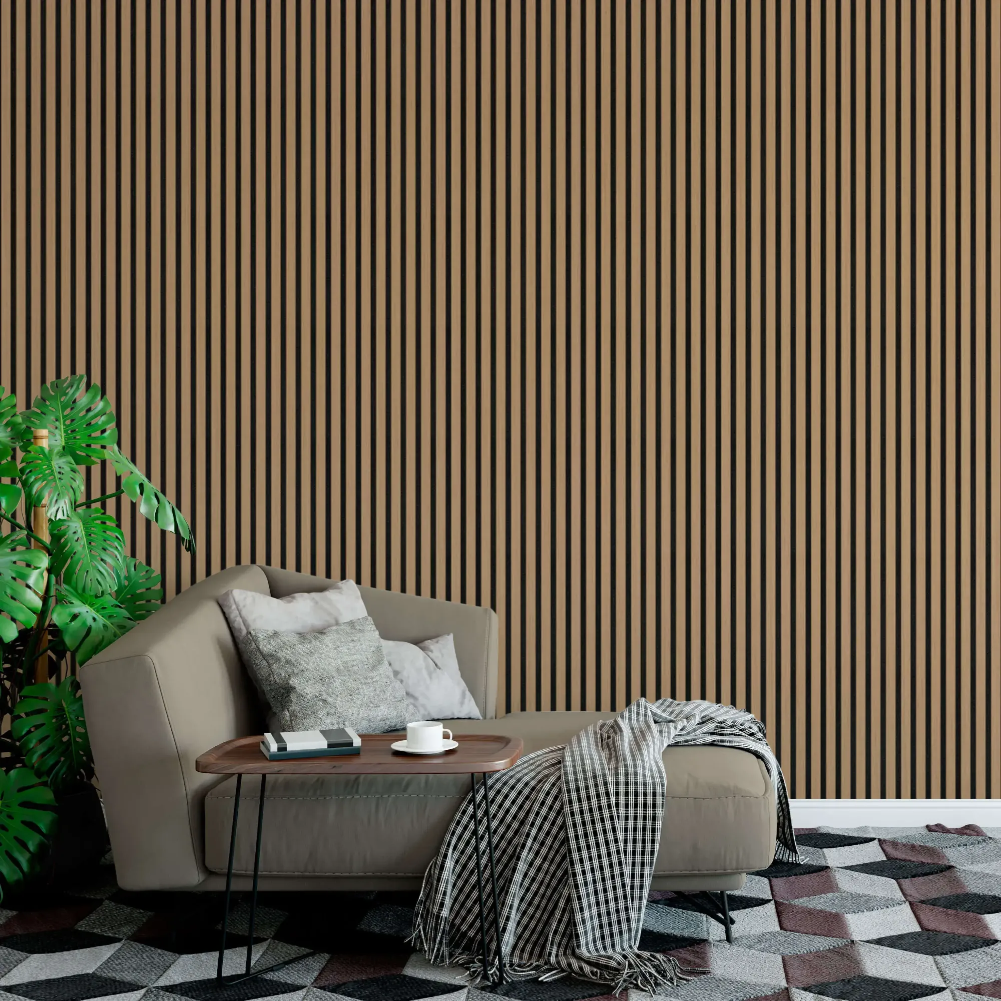 Oak acoustic slats on black felt on a living room wall, with a beige chaise longue and a plant.