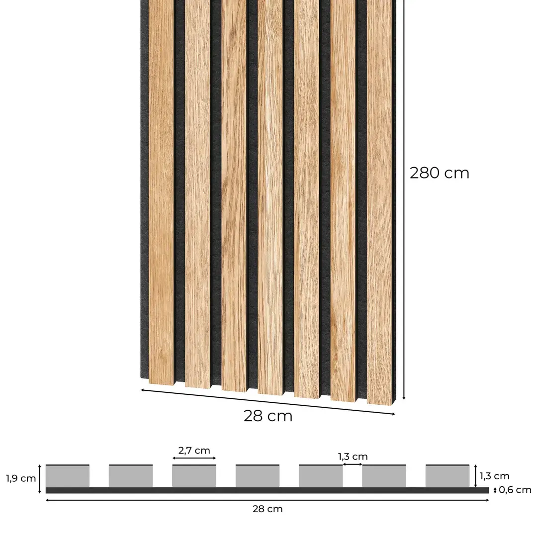 Dimension diagram of an oak acoustic panel on black felt: 280x28 cm, 1.9 cm thick, with slats 2.7 cm wide.