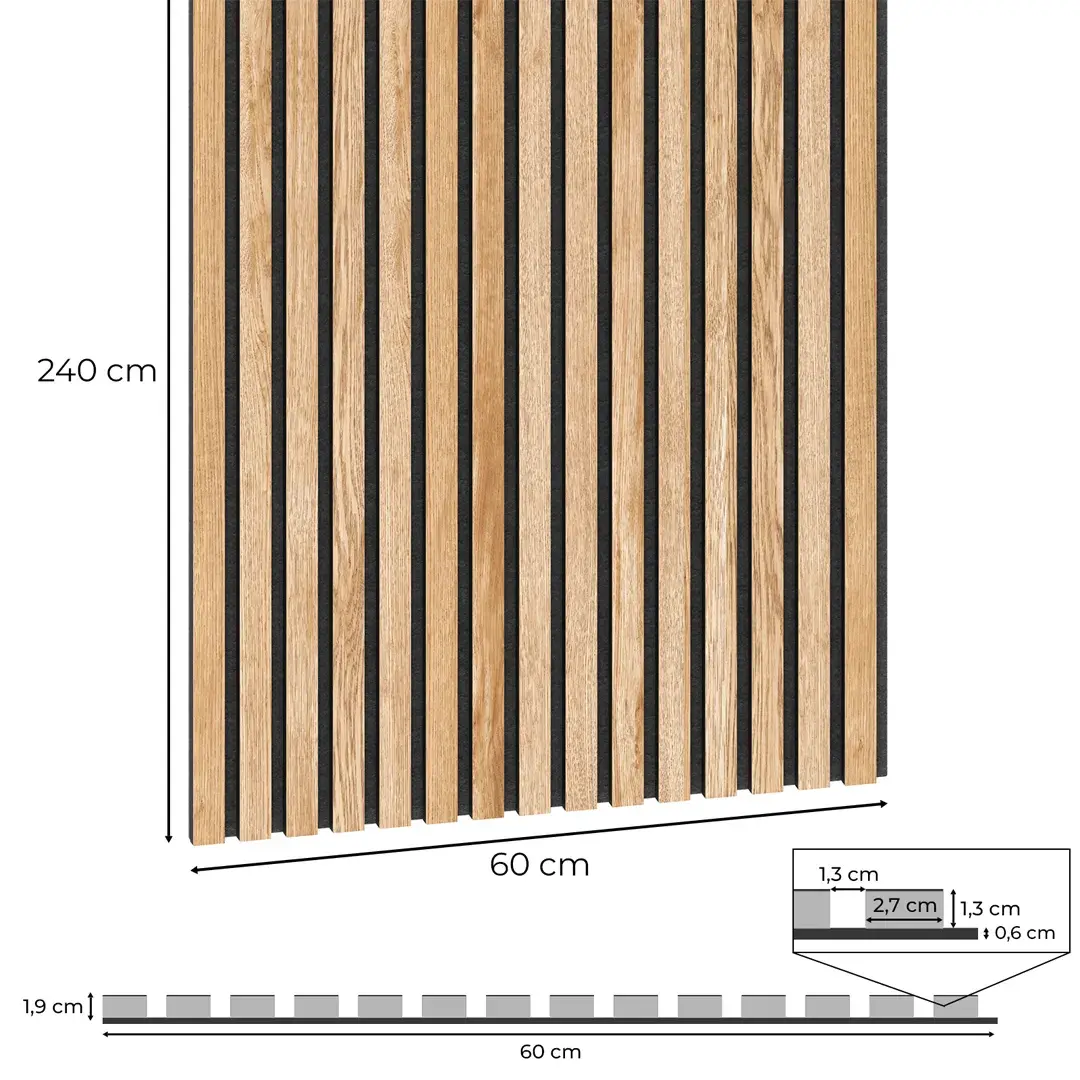 Dimension diagram of an oak acoustic panel on black felt: 240x60 cm, with a detailed technical cross-section.