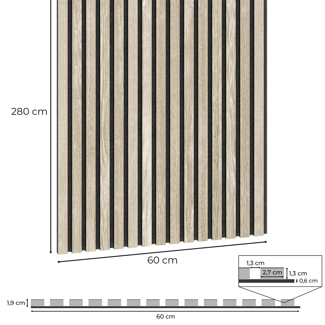 Dimensions of a whitewashed oak acoustic panel on black felt: 280 cm high, 60 cm wide and 1.9 cm thick.