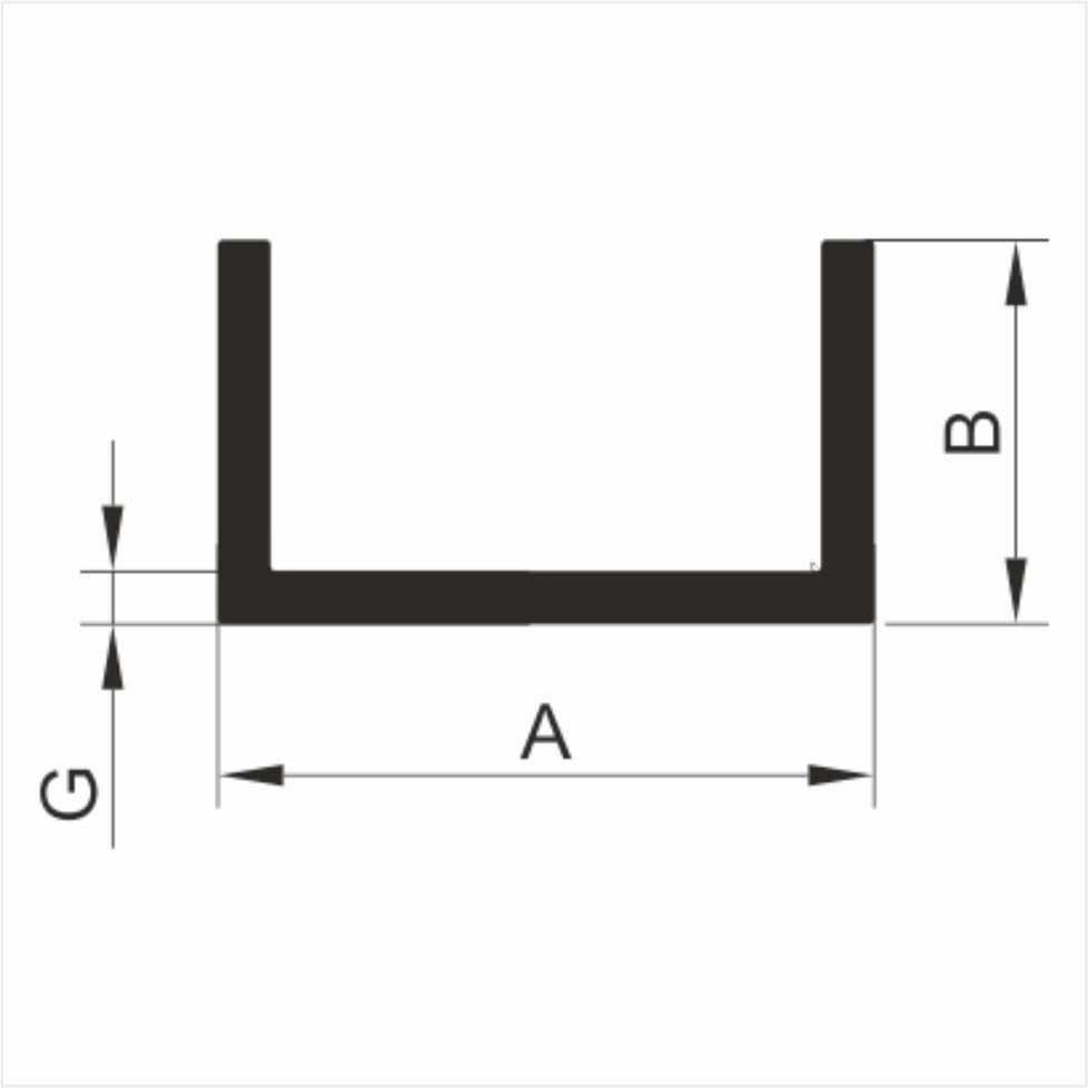 Schematic cross-section of an aluminium U-channel, with dimensions indicated: width A, height B and wall thickness G.