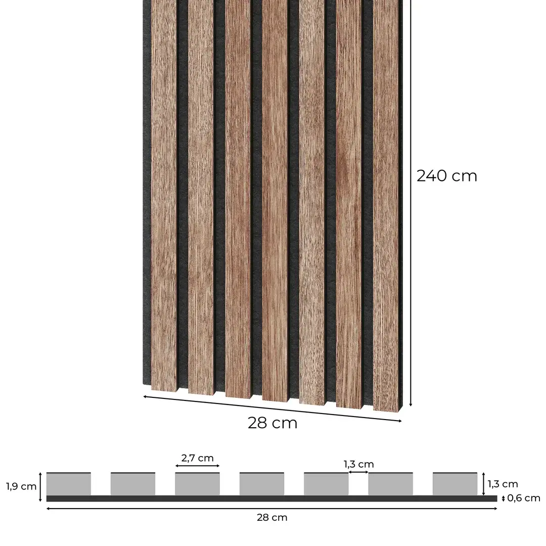 A technical drawing showing the dimensions of an American walnut acoustic slat panel: 240x28 cm, 1,9 cm thick.