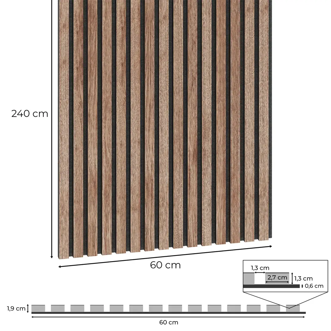 Technical dimensions of an American walnut slat acoustic panel: 240 cm x 60 cm and 1.9 cm thick.