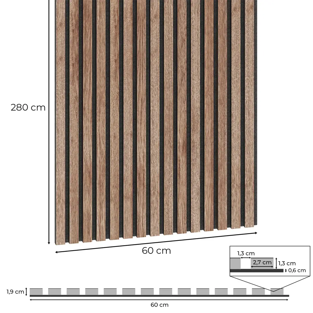Dimensions and technical cross-section of an acoustic slat panel measuring 280 cm by 60 cm and 1.9 cm thick.