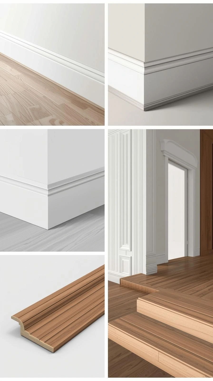 Several types of finishing trims in different materials, realistic view