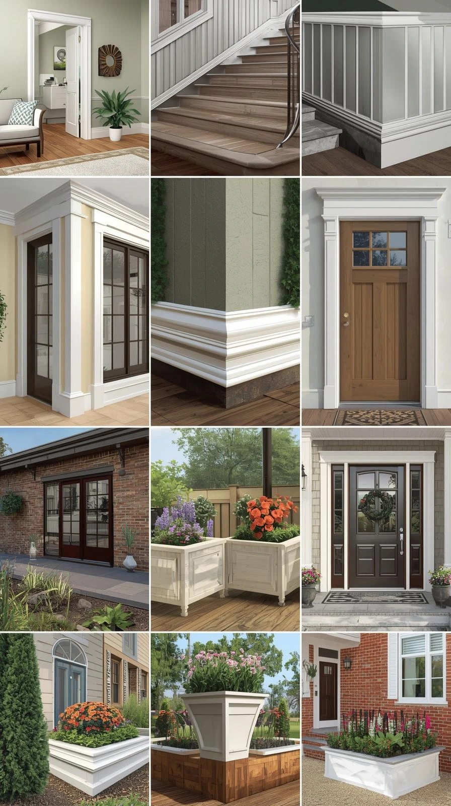 Set of trims: skirting, corner, cover and decking trims in natural colours, photorealistic image