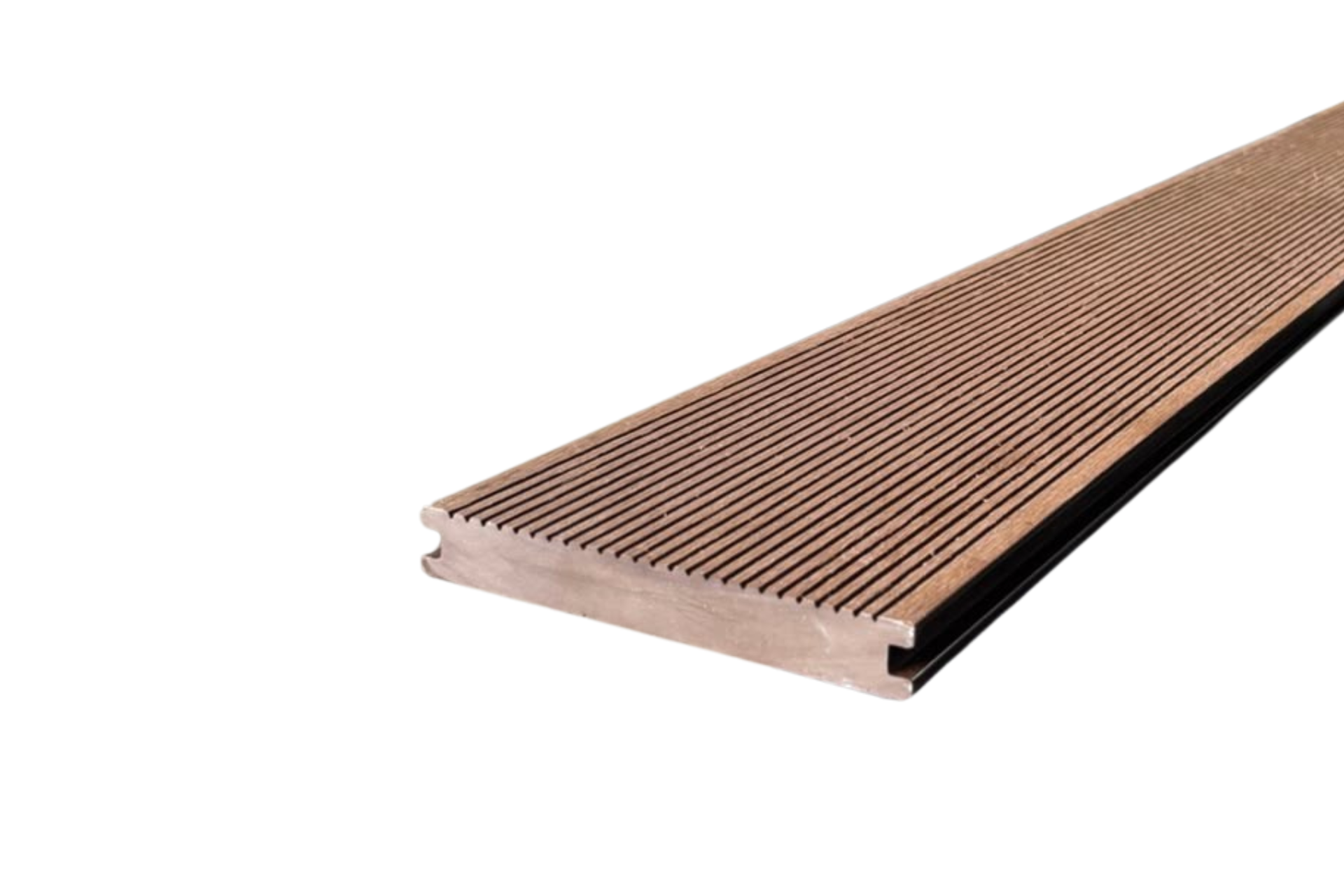 Brown solid composite decking board with a finely grooved surface and side fixing grooves.