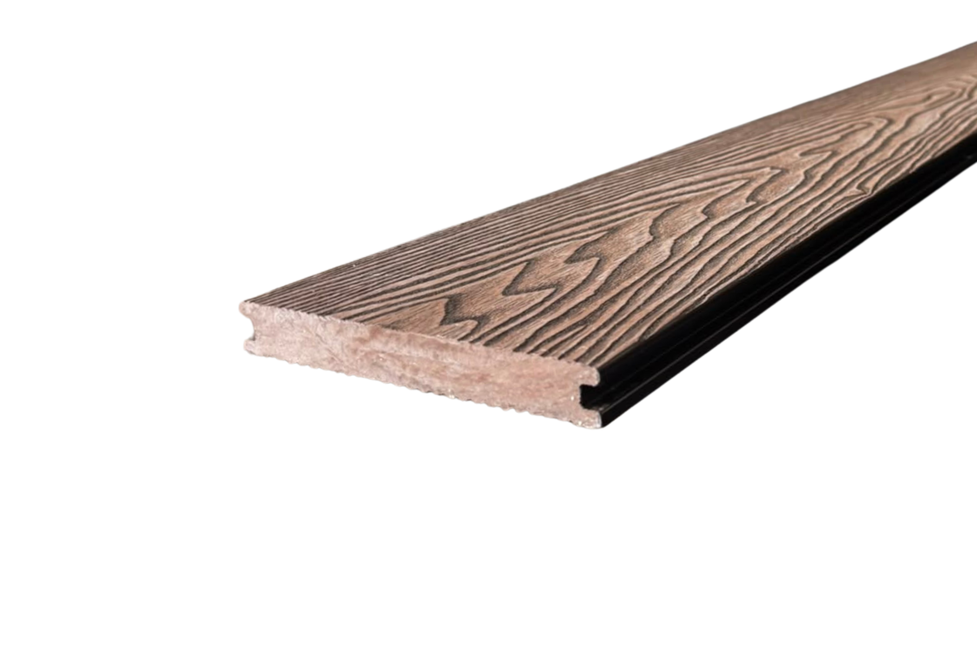 Brown solid composite decking board with a woodgrain effect and a side fixing groove.